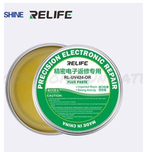 RELIEF FLUX PASTE RL-UV424-OR - Crafted with imported rosin, ensuring no virtual welding and easy tinning. - Boasts a pure color with no impurities. - Rapid tin application with minimal smoke. - Exhibits strong activity, no acidity, and deoxidation properties. - High insulation resistance, making it suitable for mobile phone PCB and CPU repairs. - All products undergo quality control checks before sale, accompanied by a product inspection report, ensuring quality assurance.